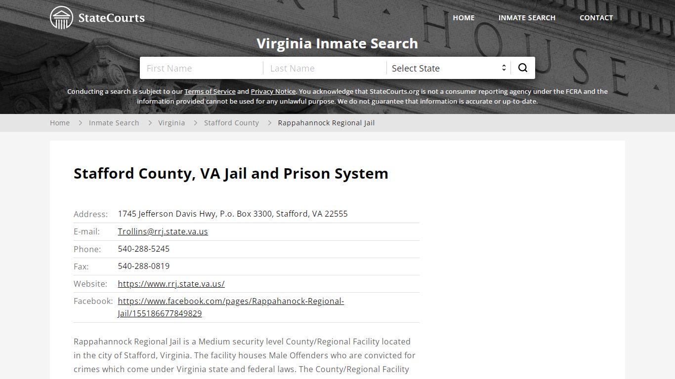 Rappahannock Regional Jail Inmate Records Search, Virginia - StateCourts